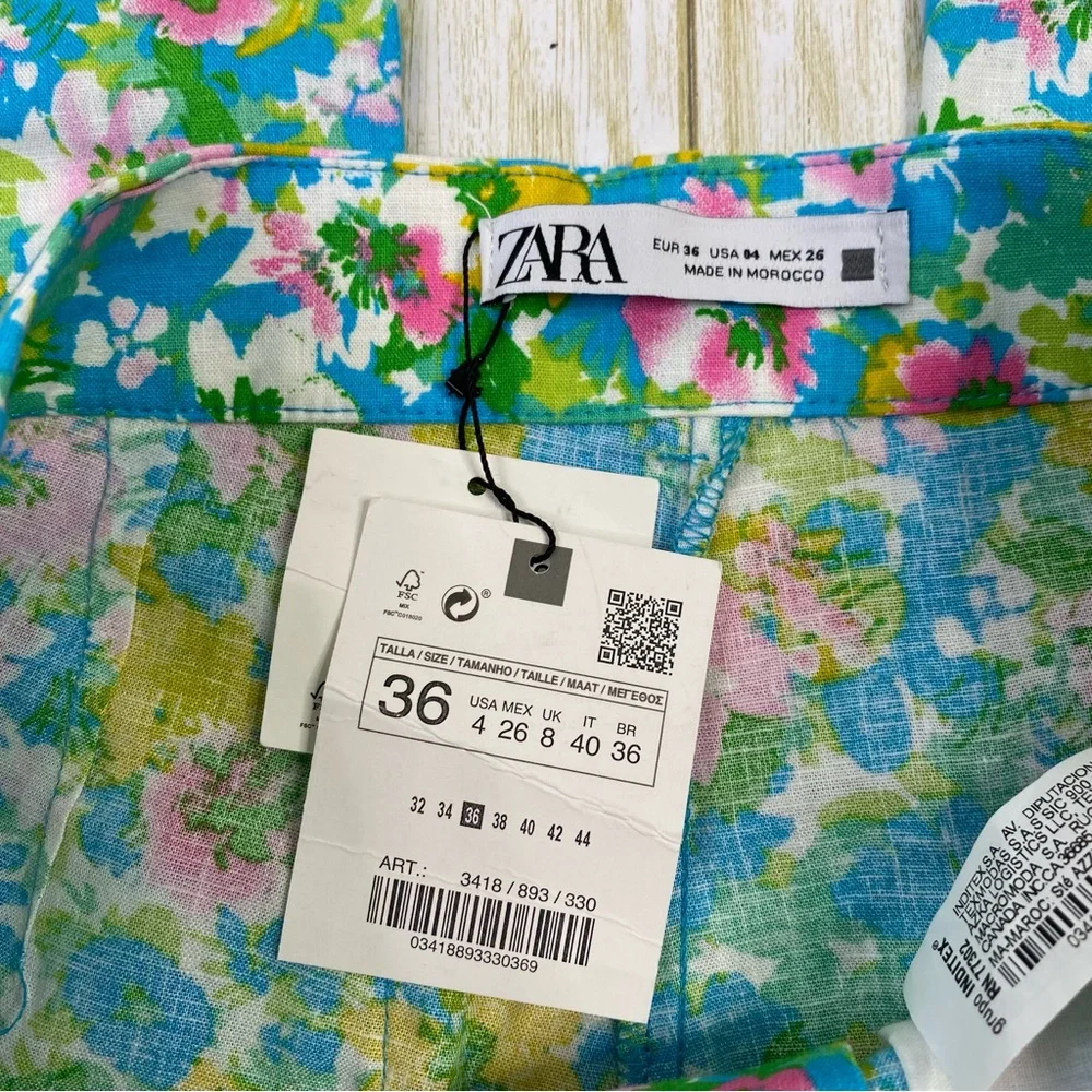 Zara Multicolor Floral Linen Blend Mini Flare Trouser Pants